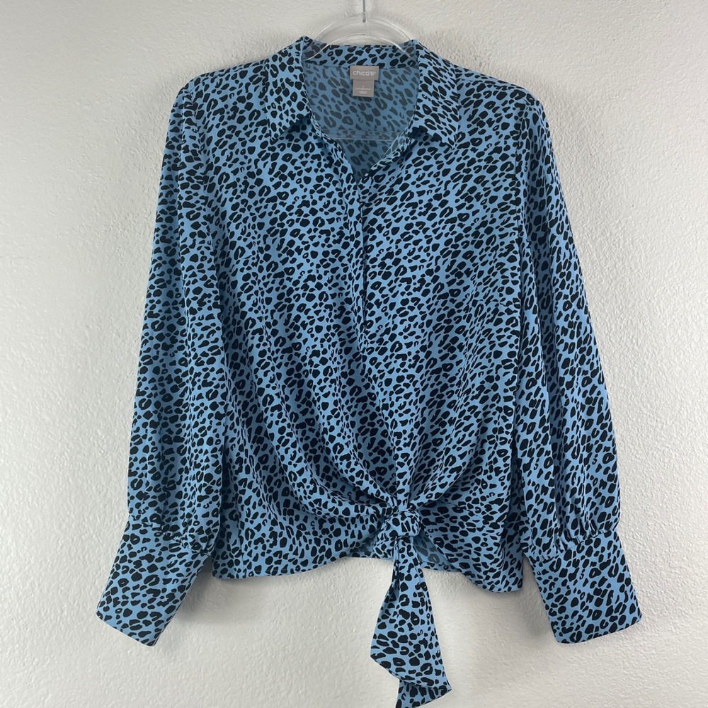Chico's Animal Print Tie Front Blouse Size 1 Blue Black Leopard Office Chic